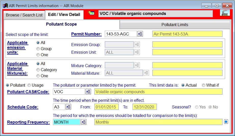 AIR compliance software sample screen:  Pollutant Limits 1