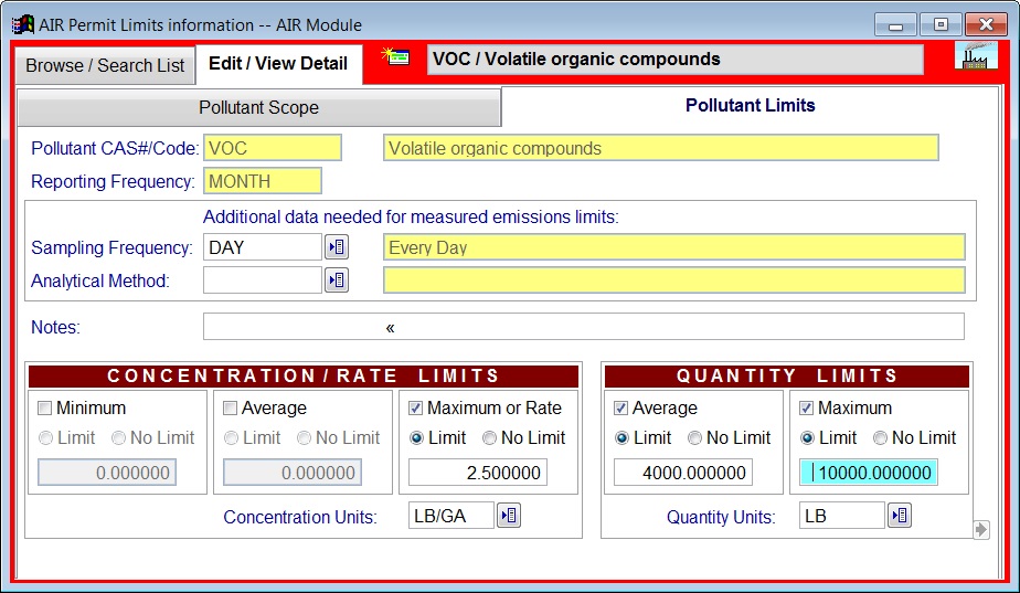 AIR compliance software sample screen:  Pollutant Limits 2