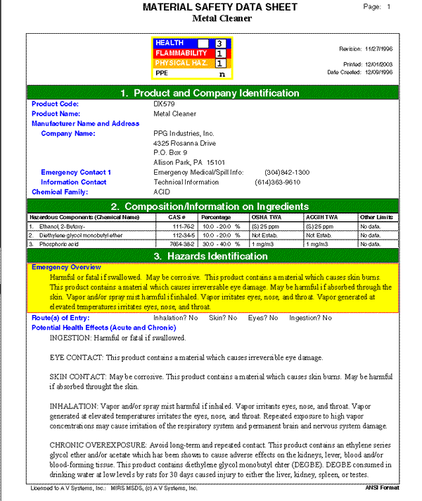 MSDS software screenshot: