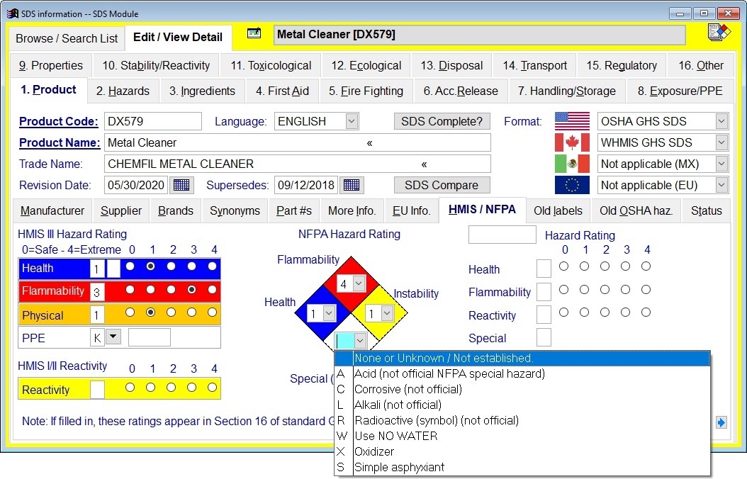 SDS management and authoring software screen