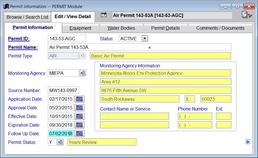 PERMIT software sample screen