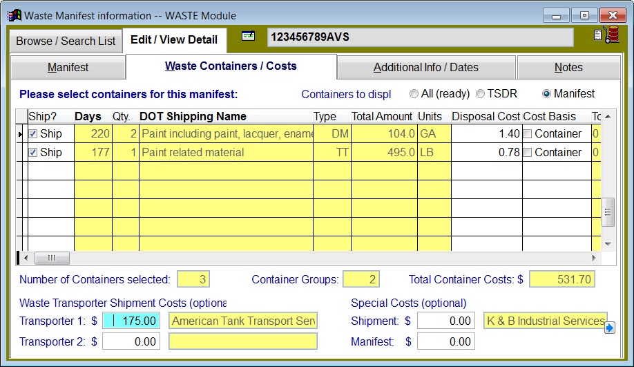 Waste Software screenshot: Manifest - containers